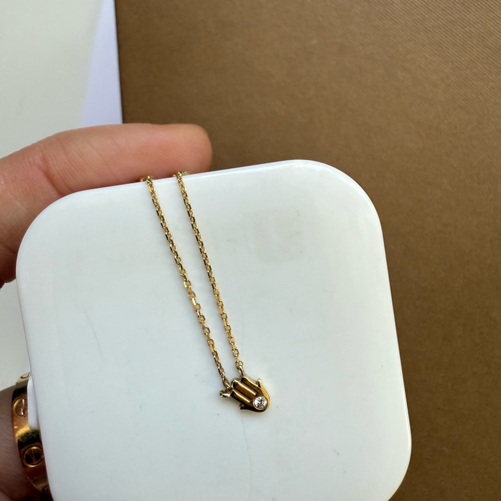 14K Solid Gold with Diamond Hamsa Hand necklace and earrings set - Picture 2 of 7